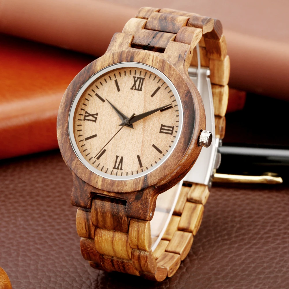 

Natural Fashion Zebrawood Bangle Men's Watch Full Wooden Watch Strap Quartz Wristwatch Vintage Casual Man Clock Folding Clasp
