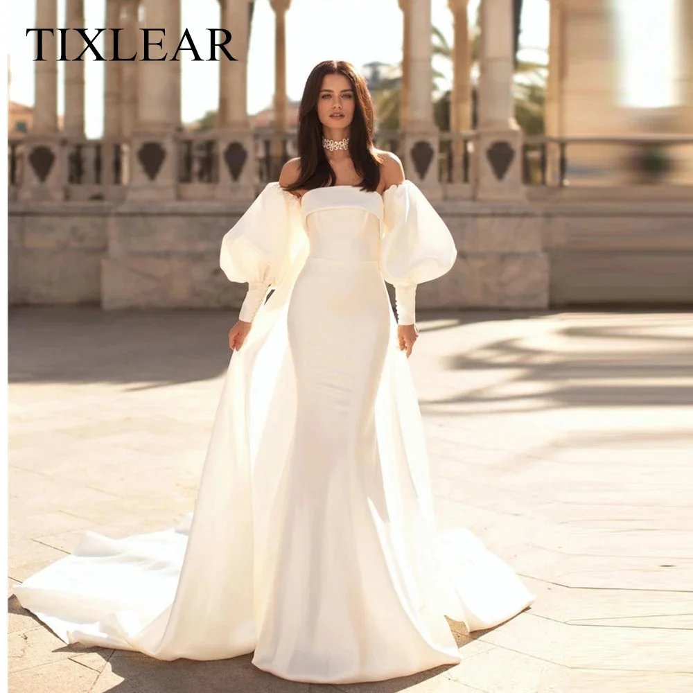 

Tixlear Claasic Satin Mermaid Wedding Dress Strapless Detachable Long Puff Sleeves Backless Bridal Gown Vestidos De Noiva New
