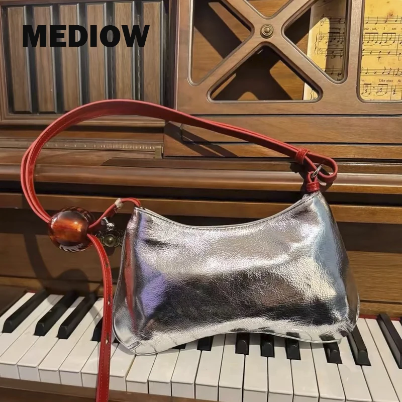 

MEDIOW Korean Casual Bags For Women Luxury Designer Handbags And Purses 2024 New In PU Sliver Beading Small Underarm Shoulder