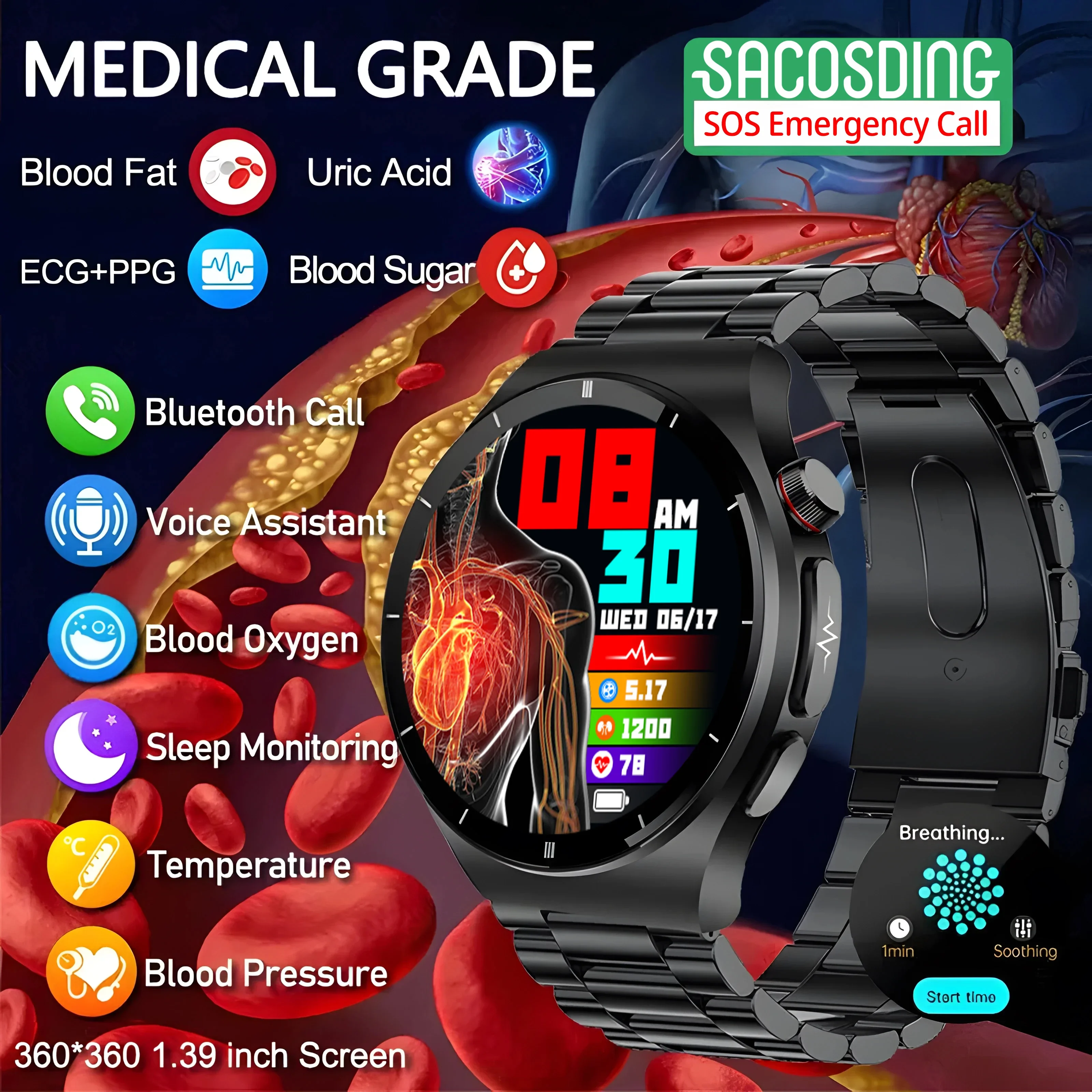 

HRV-AI, медицинский диагностический Смарт-часы, уровень сахара в крови, липид, Мочевая Кислота, ЭКГ + PPG, температура тела, Bluetooth, вызов, умные часы для здоровья