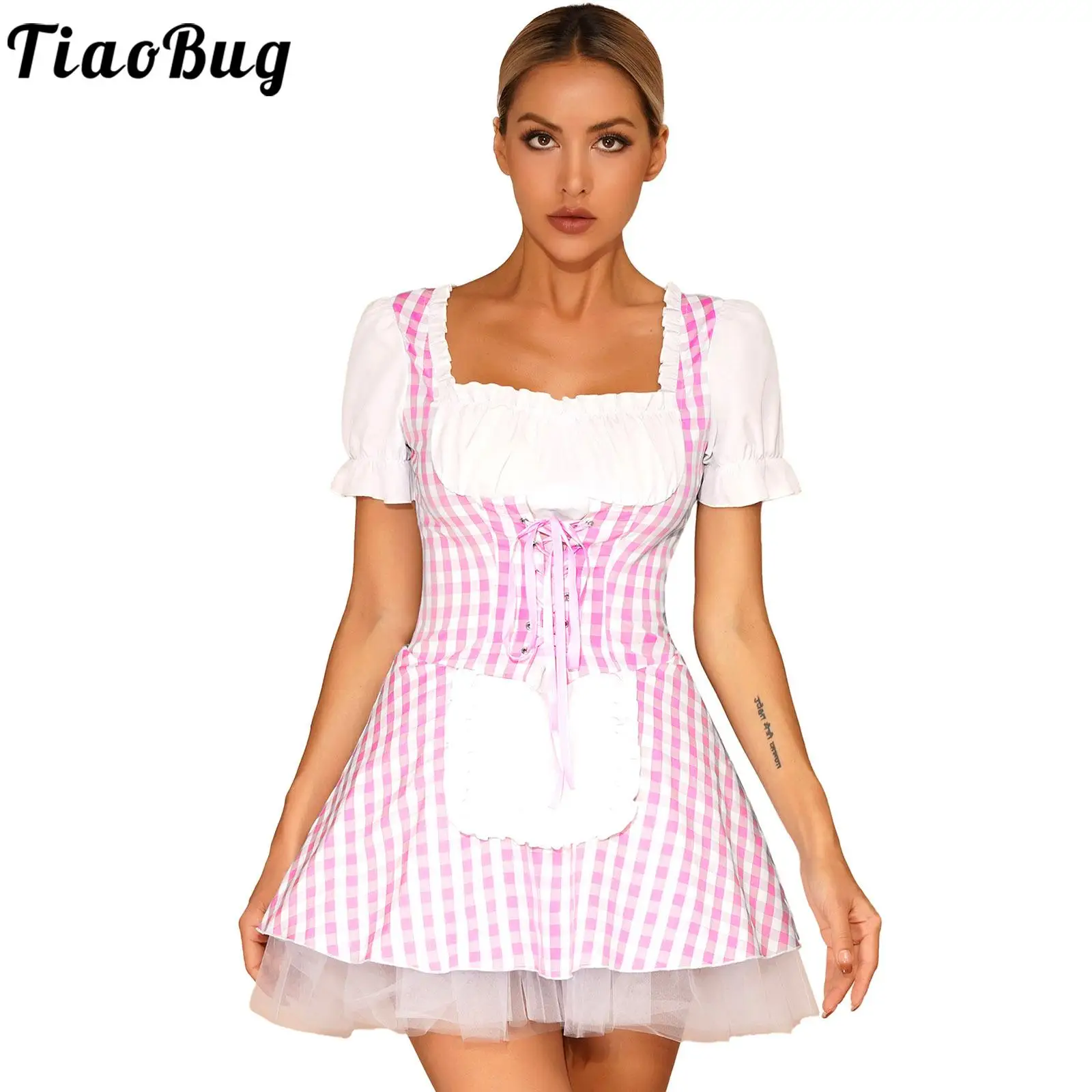 Womens Halloween Maid Cosplay Costume Plaid Short Sleeve Tulle Dress Lace-Up Ruffle Apron Maid Roleplay Dress Party Masquerade
Womens Halloween Maid Cosplay Costume Plaid Short Sleeve Tulle Dress Lace-Up Ruffle Apron Maid Roleplay Dress Party Masquerade