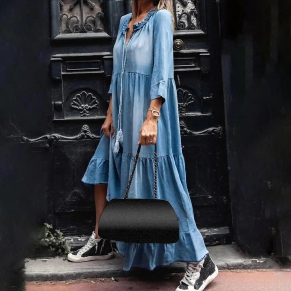 Women 3/4 Sleeve Loose Tassel Dress Vintage Lace V Neck Large Hem Maxi Denim Dress
Women 3/4 Sleeve Loose Tassel Dress Vintage Lace V Neck Large Hem Maxi Denim Dress