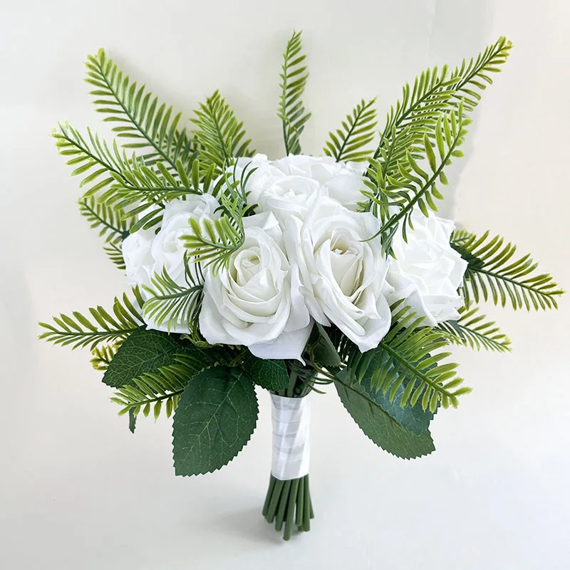 

Букет невесты из белых роз, шелковые цветы, искусственные зеленые листья ручной работы, свадебные аксессуары