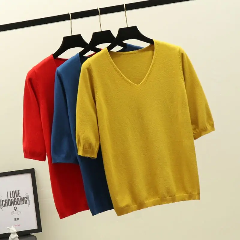 V-neck Half Sleeved T-shirt Sweater Women's Summer New Fashion Pullover Solid Color Mid Sleeved Top Trend Casual Pullover Q719
V-neck Half Sleeved T-shirt Sweater Women's Summer New Fashion Pullover Solid Color Mid Sleeved Top Trend Casual Pullover Q719