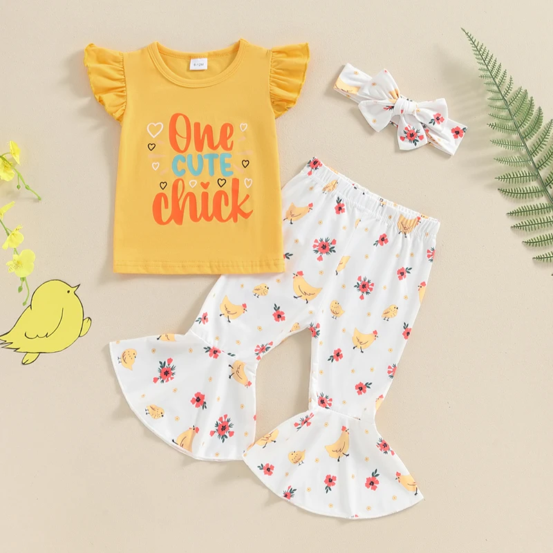 

Suefunskry Little Girls 2Pcs Summer Outfits Fly Sleeve T-shirt Tops + Chicken Print Flare Pants Set Toddler Casual Clothes 6M-4Y