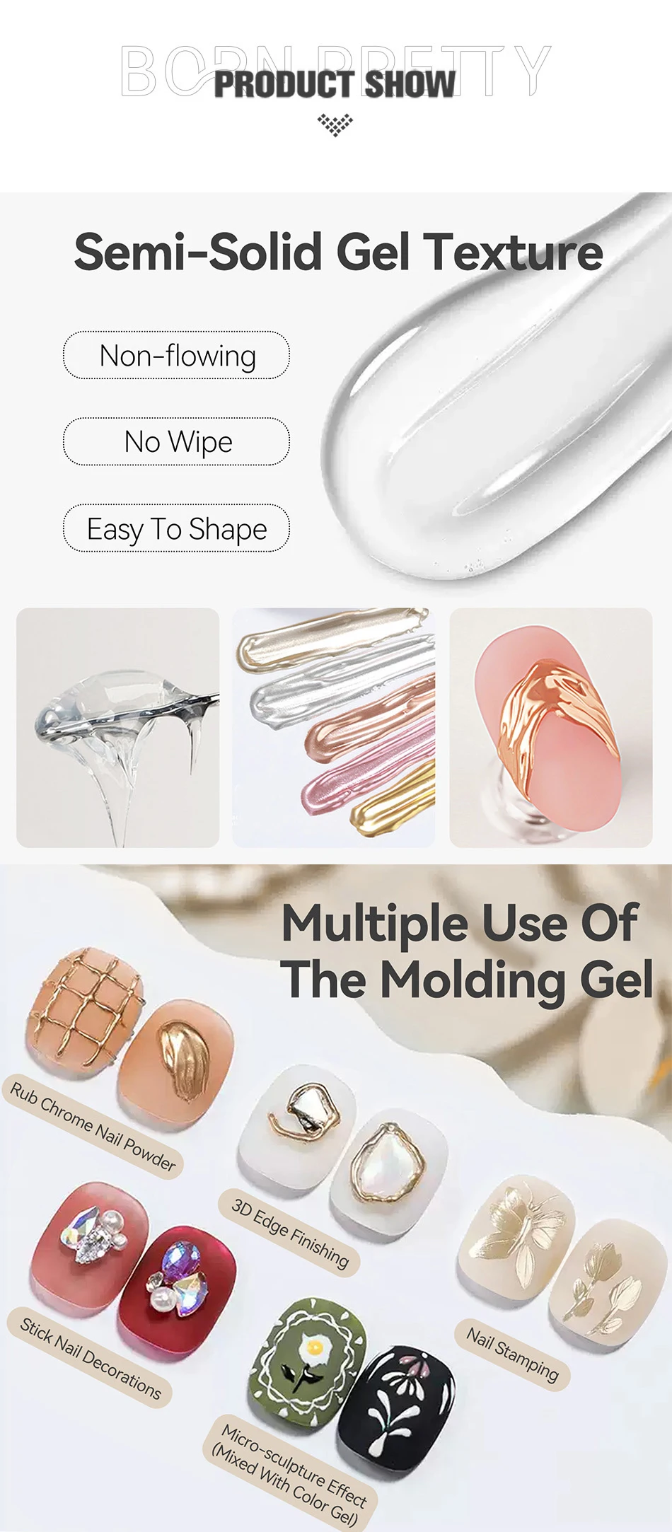 BORN PRETTY 5g Semi Solid Modeling Gel for Chrome Powder 3D Transparent Sculpting Nail Art Gel Multi-functional 4 in 1 UV Gel 2 S8e54bf41a93947fc870fa45163beba2di