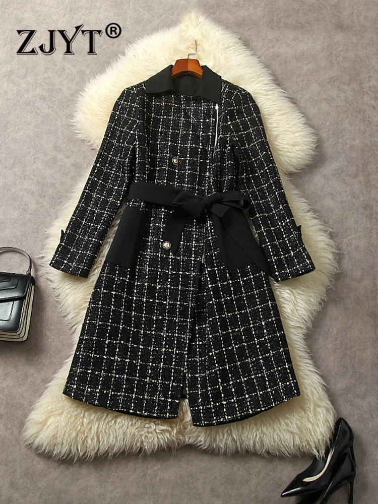 

ZJYT Women's Vintage Long Tweed Woolen Jacket Winter 2023 Fashion Wool Blends Coat Black Plaid Overcoat Outerwear Veste Femme