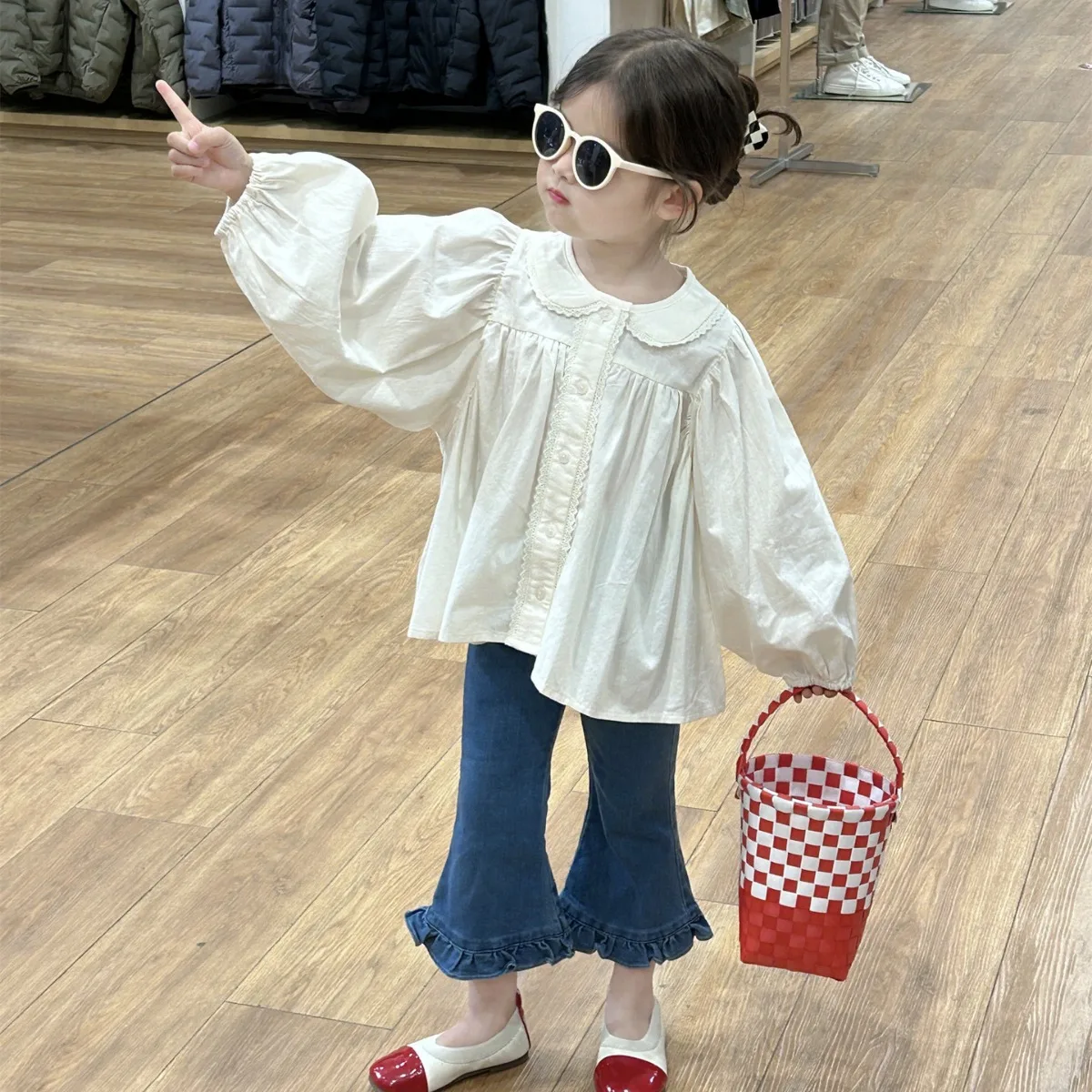 

Spring Children Girl 2PCS Clothes Set Cotton Peter Pen Collar Blouses Solid Denim Flared Pant Toddler Girl Suit Baby Girl Outfit