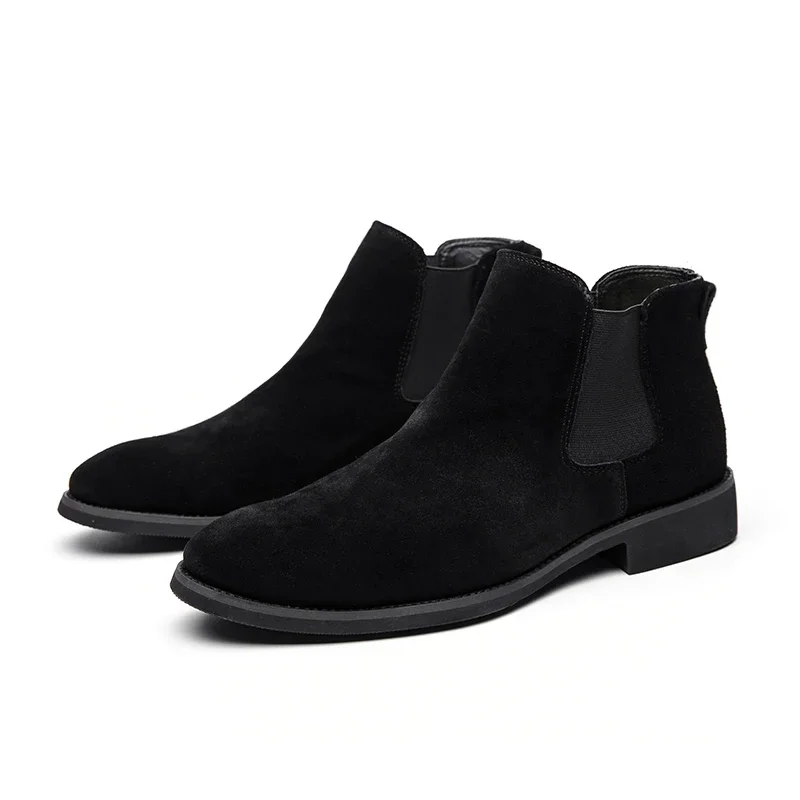

New Black Chelsea Boots for Men Flock Ankle Round Toe Slip-On Fleeces Business Men Boots Bottes Pour Hommes