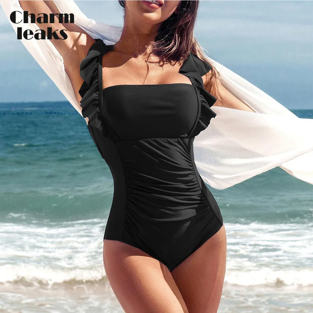 

Charmleaks Women One-Piece Solid Falbala Creases Adjustable Straps Hollow Out Monokini Soft Bathing Swimsuit
