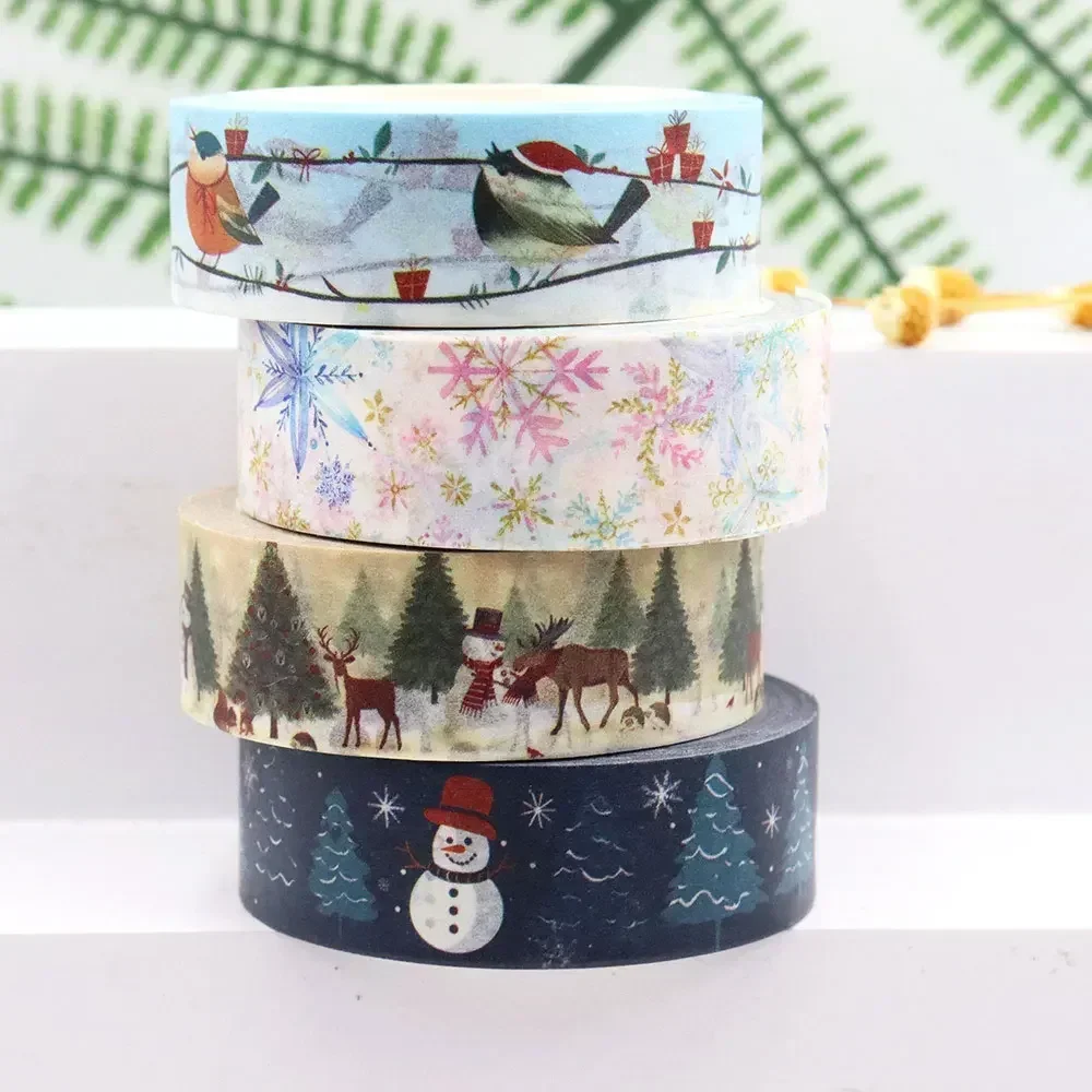 

10pcs/lot 15mm*10m Christmas Snow Birds Trees Snowman Elk Masking Adhesive Washi Tape organizer supplies masking tape sticker