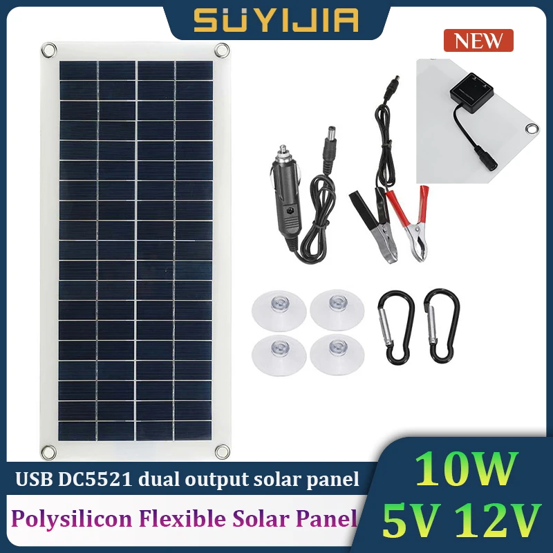 5V 12V Flexible Solar Panel 10W Suitable for Car and Boat Battery Charging Outdoor Camping USB DC5521 Dual Output Solar Panel
5V 12V Flexible Solar Panel 10W Suitable for Car and Boat Battery Charging Outdoor Camping USB DC5521 Dual Output Solar Panel