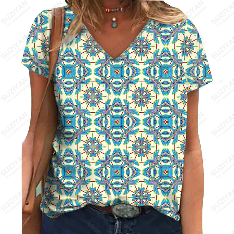 

Женская летняя модная футболка в стиле ретро, свободная повседневная футболка, футболка в этническом стиле с принтом, удобная мягкая футболка с коротким рукавом