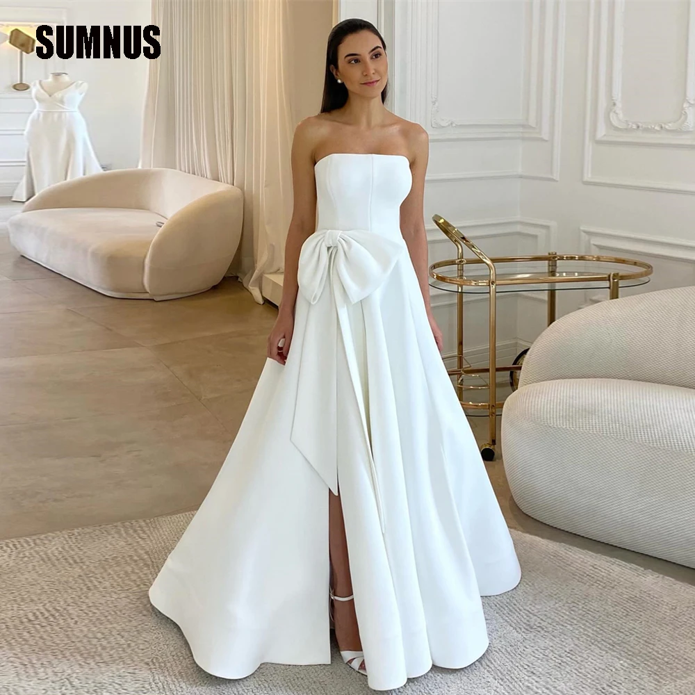 

SUMNUS Elegant Strapless Pleat Wedding Dress A-Line Sleeveless Bridal Gowns Bow Side Split Bride Dress Satin Vestidos De Novia