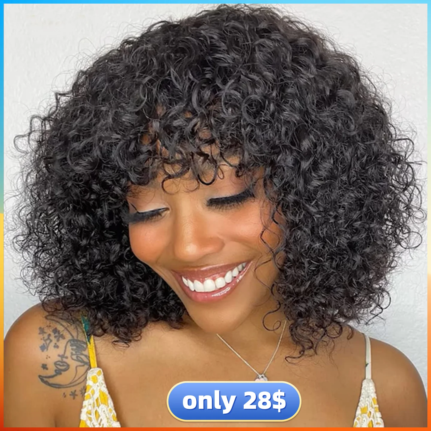 

16INCH Short Curly Bob Wig With Bangs Human Hair Natural Black Bouncy Shaggy Fringe Bang Wigs For Women Real Brazilian Remy Hair