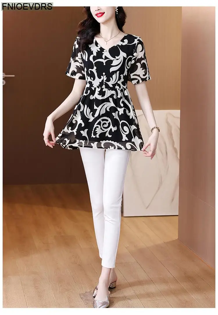 L-5XL Loose Clothes 2024 Women Summer Elegant Ruffles Button Shirts Retro Patchwork Black Floral Tunic Peplum Tops And Blouses L-5XL Loose Clothes 2024 Women Summer Elegant Ruffles Button Shirts Retro Patchwork Black Floral Tunic Peplum Tops And Blouses