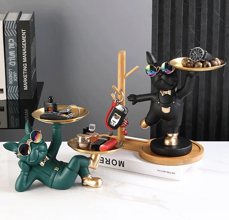 Animal Resin Sculpture dog Butler statue Home Decor French Bulldog with Double Metal tray Table Ornaments Decor Dog Figurine Art Animal Resin Sculpture dog Butler statue Home Decor French Bulldog with Double Metal tray Table Ornaments Decor Dog Figurine Art