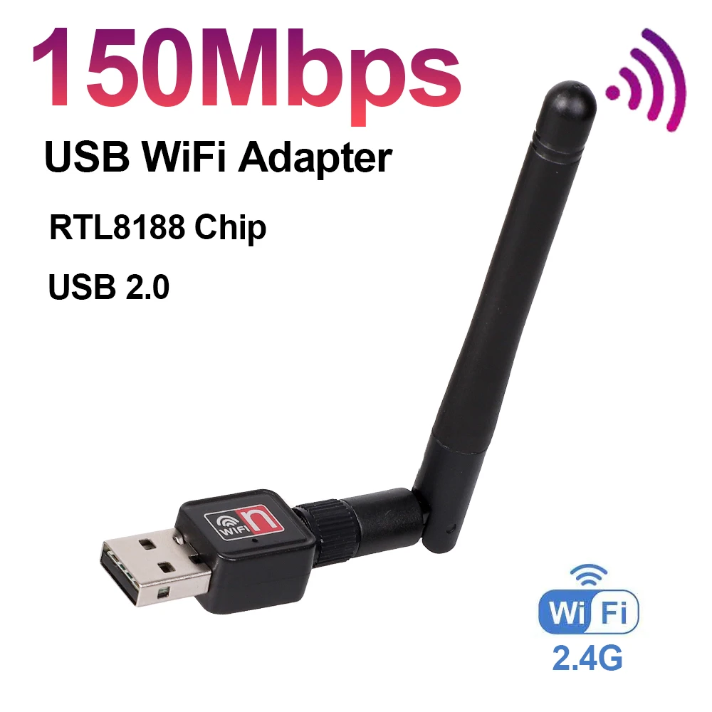 

150Mbps RTL8188 Wireless Network Lan Card USB WiFi Adapter LAN Wi-Fi Receiver Dongle 2dbi Gain Antenna for PC Win 7 8 10 11