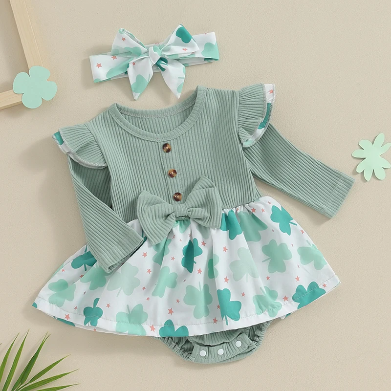 

Baby Girls Four Leaves Clover Romper Dress Outfits Set St Patrick s Day Bodysuit s Round Neck Ruffle Shoulder Long Sleeve