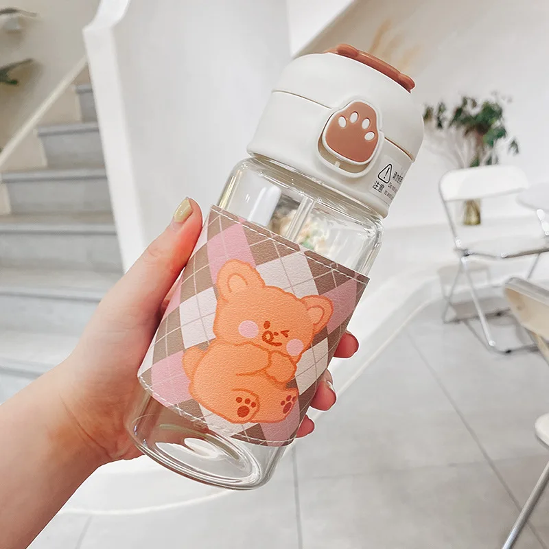 Kawaii Cartoon Glass Water Bottle with Straw 13oz Kawaii Cartoon Glass Water Bottle with Straw 13oz