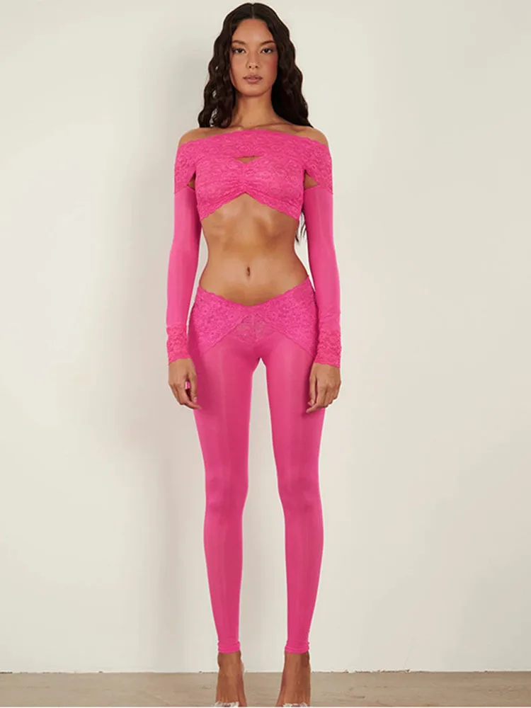 

Apprabant Lace Mesh Spliced Trousers Set See Through Sexy Y2k Hollow Out Open Navel Long Sleeve Top Sports Yoga Pencil Pants