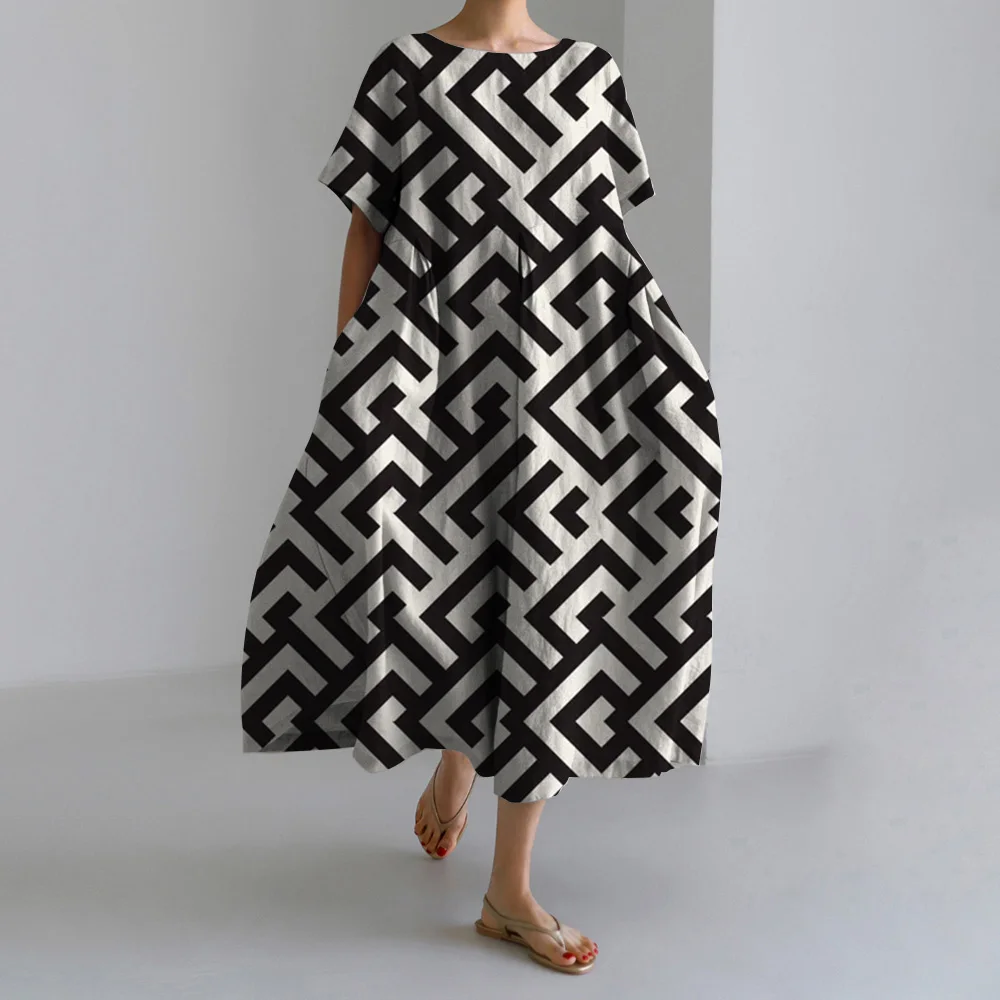 Summer Short Sleeve Dresses Classic Women's Dresses A-Line Dresses Labyrinth Texture Printed Women's Casual Round Neck Pullover 
Summer Short Sleeve Dresses Classic Women's Dresses A-Line Dresses Labyrinth Texture Printed Women's Casual Round Neck Pullover