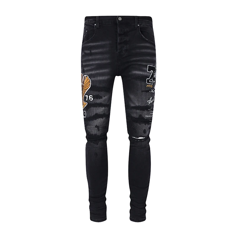 

New Arrival 3157 Men's Fashion Black Jeans Leather Ripped Jeans With Letter Eagle Patch For Men Buttons Fly Slim Man Denim Pants