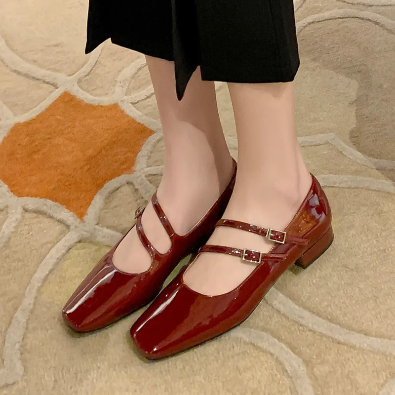 

Square Toe Pumps Narrow Band Sapatos Feminino Buckle Strap Chaussures Femme Luxury Design Women Shoes Patent Leather Zapatillas