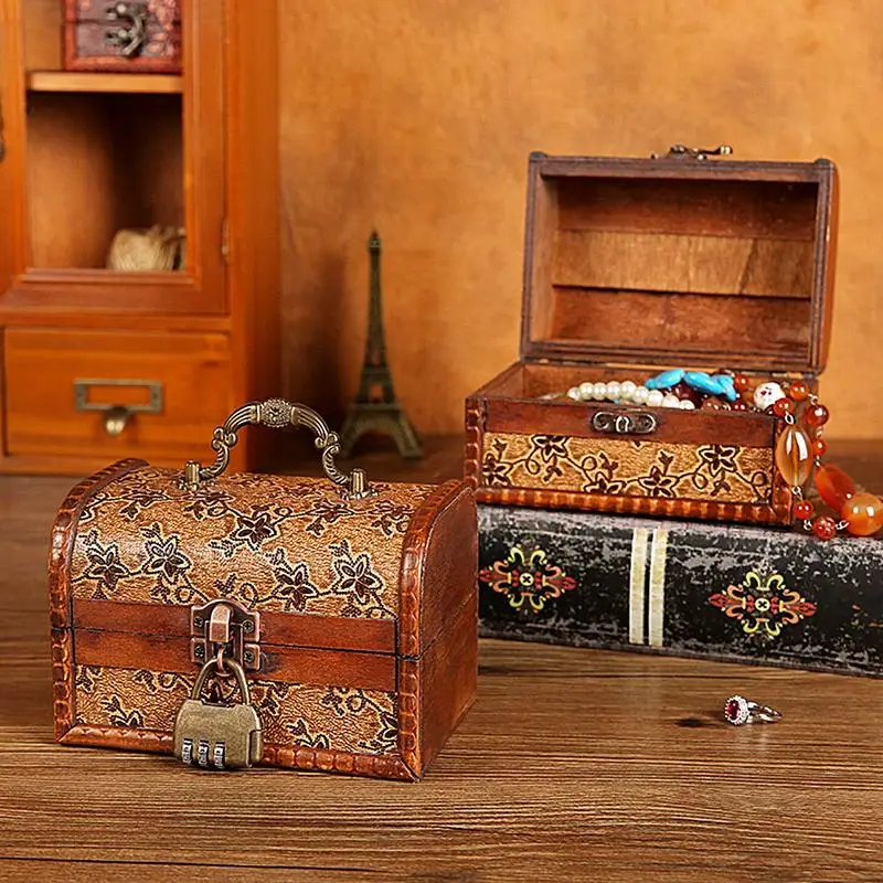 

Jewelry Box Wooden Retro Style Pirate Chest with Key Antique Lockable Treasure Storage Box with Lock Moderate Capacity Jewelry