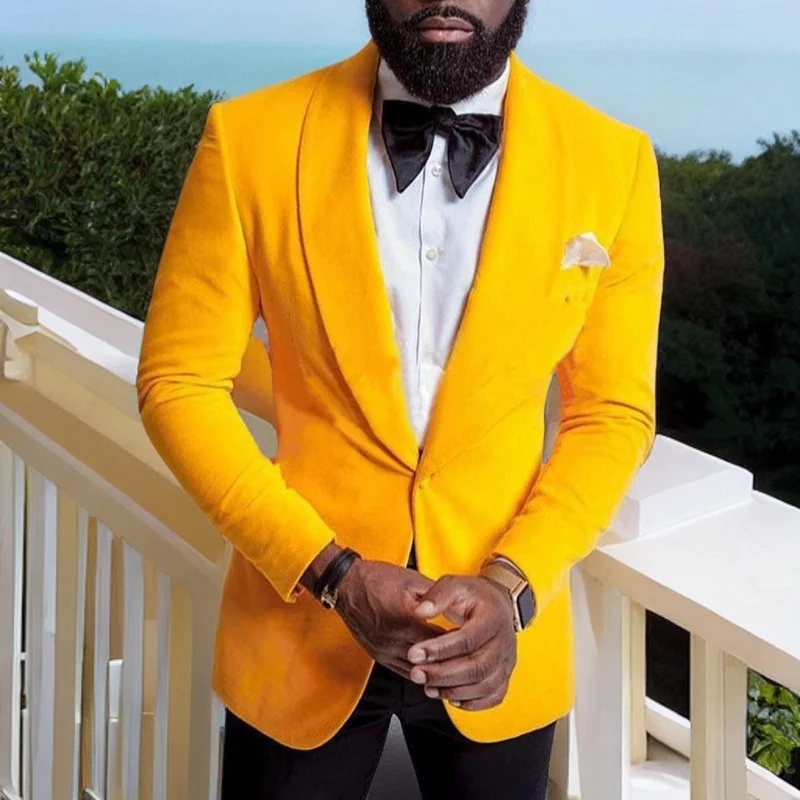 Slim Fit Velvet Men Suits for Wedding Prom 2 Piece Male Fashion Yellow Blazer with Black Pants Shawl Lapel Custom Costume 2023
Slim Fit Velvet Men Suits for Wedding Prom 2 Piece Male Fashion Yellow Blazer with Black Pants Shawl Lapel Custom Costume 2023