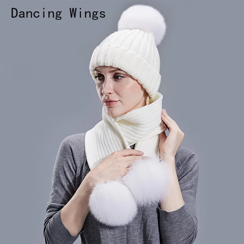 

Winter Hat Scarf Set Women Real Fox Fur Pompom Ball Beanies Child Warm Knitted Wool Hat Skullies Girls Boys Bonnet