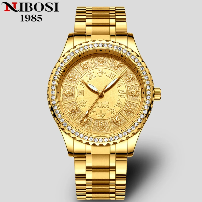 

Часы наручные NIBOSI Мужские кварцевые, роскошные деловые золотистые, с календарем, из нержавеющей стали