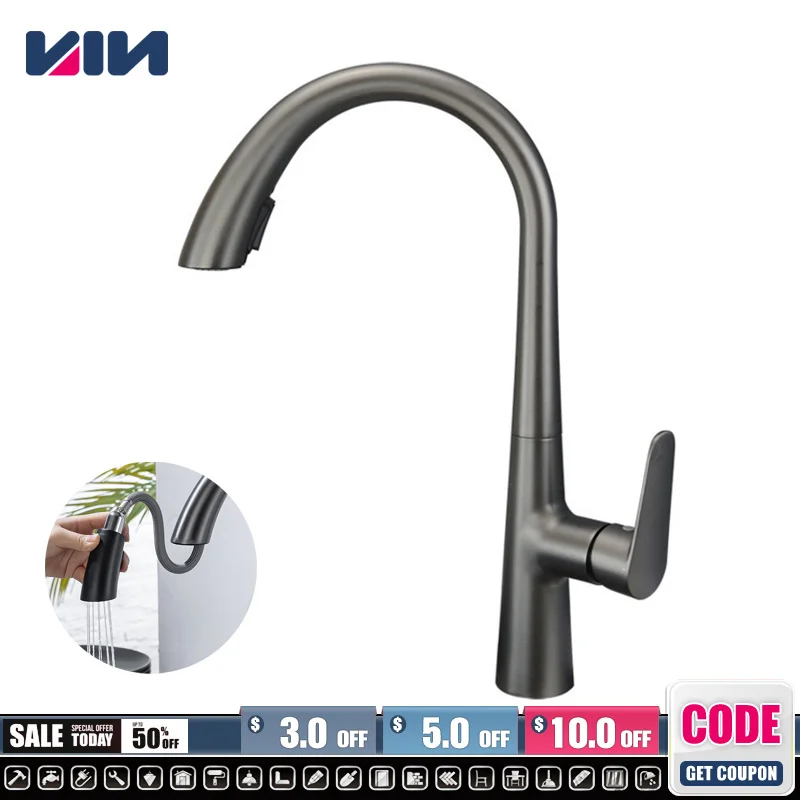 

Gun Gray Pull-out Kitchen Faucet Hot And Cold Water Washbasin Sink Faucet Rotatable Retractable Black And White 60CM Pull