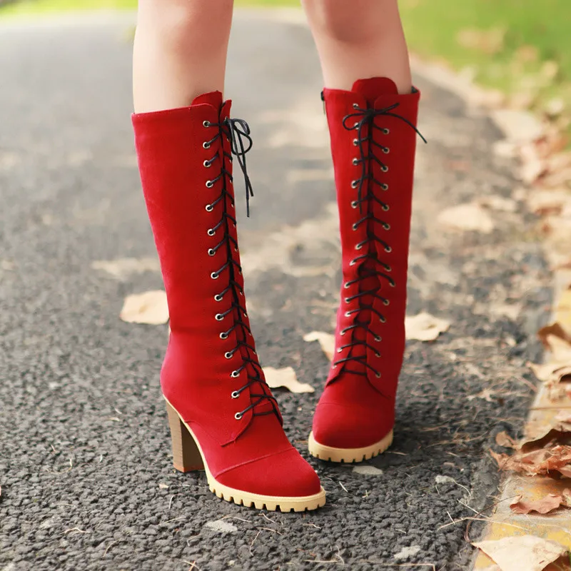 

YMECHIC Fashion Cross Tied Lace Up Mid Calf Knight Boots Ladies High Heels Red Black Flock Autumn Winter Shoes for Women 2023