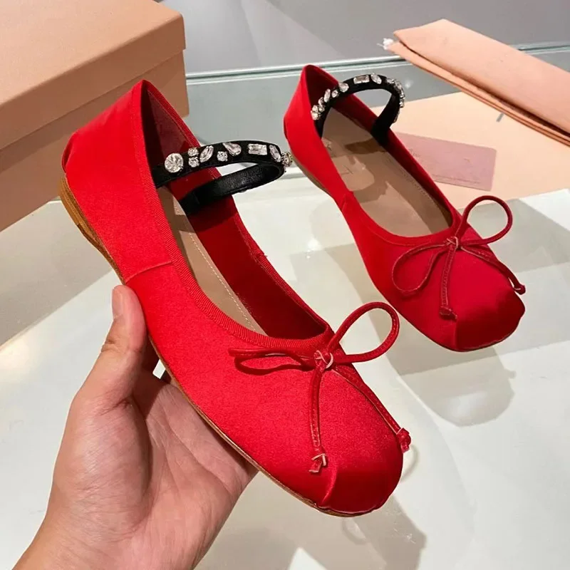 

Shallow Ballet Flats Diamond High Quality Solid Color Butterfly Knot Low Heels Round Toe Fashion Nude Shoes Spring Autmn 2023