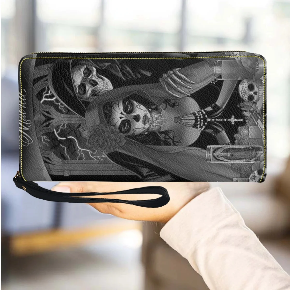 

Женский кошелек с изображением черепа, Роскошный кошелек из искусственной кожи для девушек на молнии, тонкие дорожные женские кошельки с ремешком на запястье, портативные сумки для денег