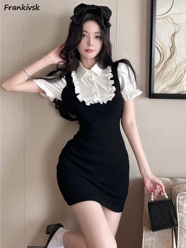 

Puff Sleeve Dresses Women Mini Turn-down Collar Fake Two Pieces Summer Slim Schoolgirls Office Lady Buttocks Wrapped Elegant