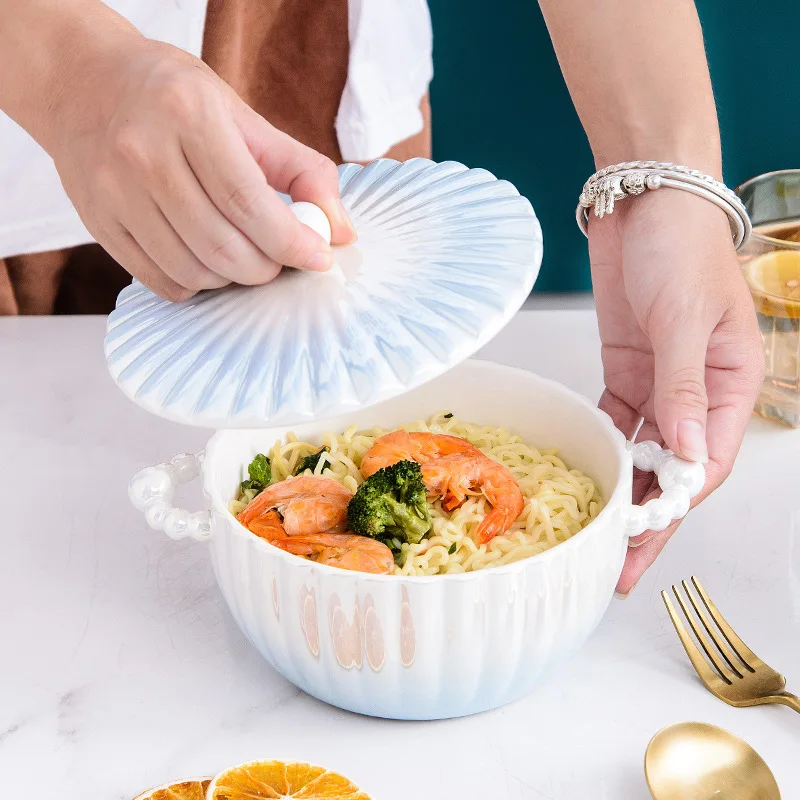 

Exquisite Pearl Ceramic Bowl Household Fruit Noodle Soup Salad Large Double Ear Bowl Underglaze with Cover Kitchen Tableware