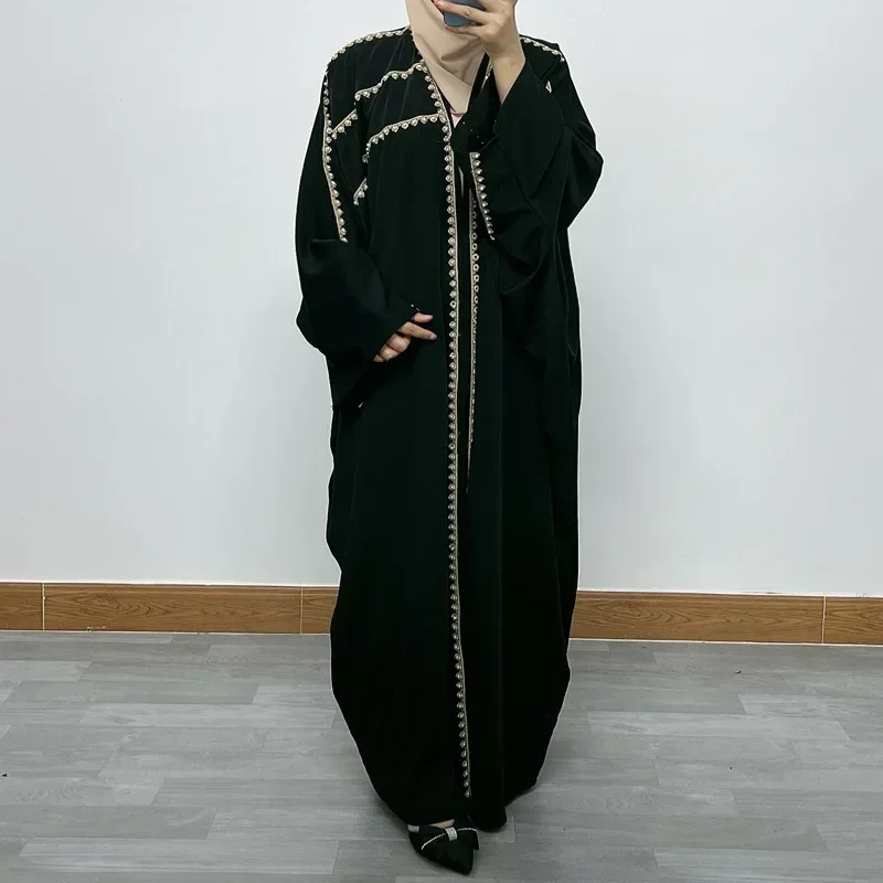 

Women Eid Muslim Abaya Ramadan Morocco Cardigan Dubai Batwing Sleeve Pearls Abayas Kaftan Vestidos Arab Long Robe Spliced
