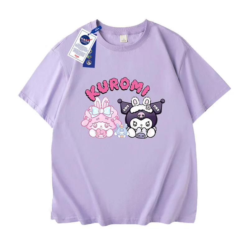 

Kawaii Sanrio Kuromi аниме мультфильм Cute Co фирменный Чистый хлопок Круглый вырез короткий рукав лето новая детская одежда Базовая