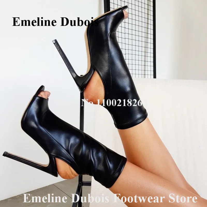 

Black Matte Leather Pumps Emeline Dubois Peep Toe Stiletto Heel Cut-out Gladiator Heels Elastical Sexy Big Size High Heels