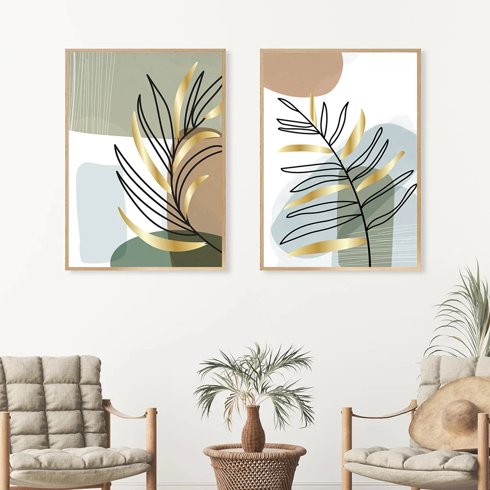 

Boho Line Gold Plants Leaf Posters Abstract Geometry Canvas Painting Minimalist Print Nordic Wall Art Pictures Living Room Decor