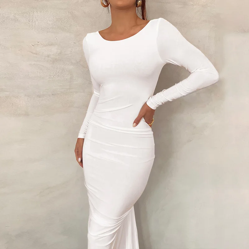 Women's Solid Color Pleated Backless Long Sleeve Dress Autumn and Winter Sexy Backless O-Neck White Dress Irregular Slim Club
Women's Solid Color Pleated Backless Long Sleeve Dress Autumn and Winter Sexy Backless O-Neck White Dress Irregular Slim Club