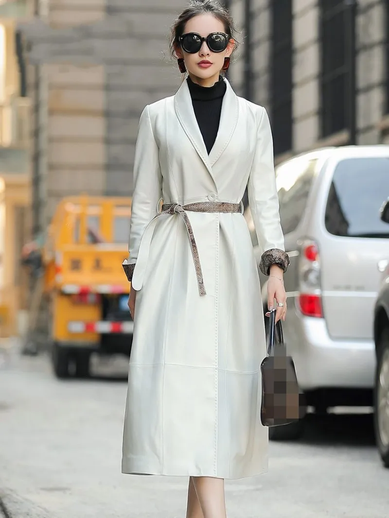 

Leather jacket ,Office Lady White Sheepskin Down Coat Single Button Sashes V-Neck Long Elegant Autumn Winter Jacket Women Sl2024