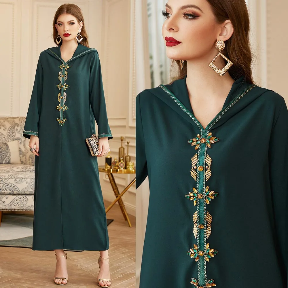 

Eid Ramadan Midi Hooded Dress for Women Party Wedding Dresses Muslim Luxury Abaya Diamond Elegant Robe Moroccan Caftan Vestidos
