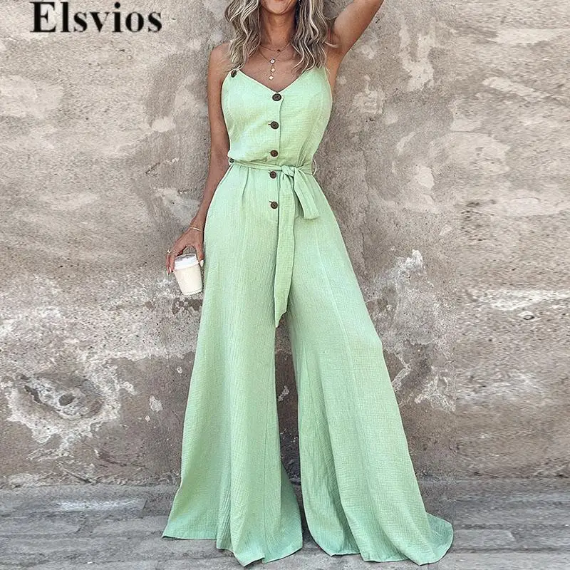 

Summer Sleeveless Tank Overalls Elegant Solid V Neck Wide-leg Pants Jumpsuit Women 2024 Button Lace-up Pleated Overall Rompers