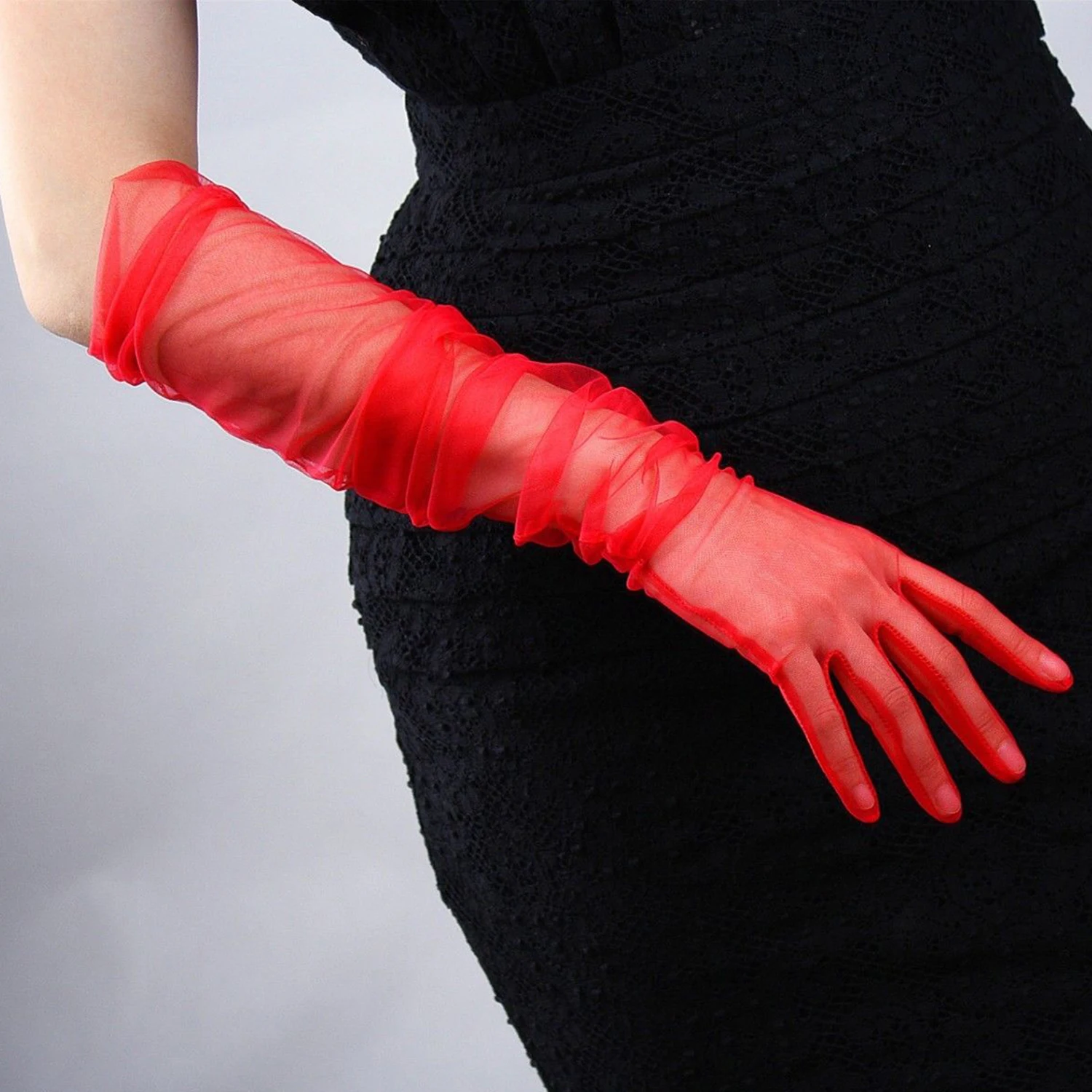 

DooWay Red Tulle Long Gloves Lace Semi Sheer Bridal Wedding Dressing Glove Touchscreen Christmas Party Nightclub Evening Opera