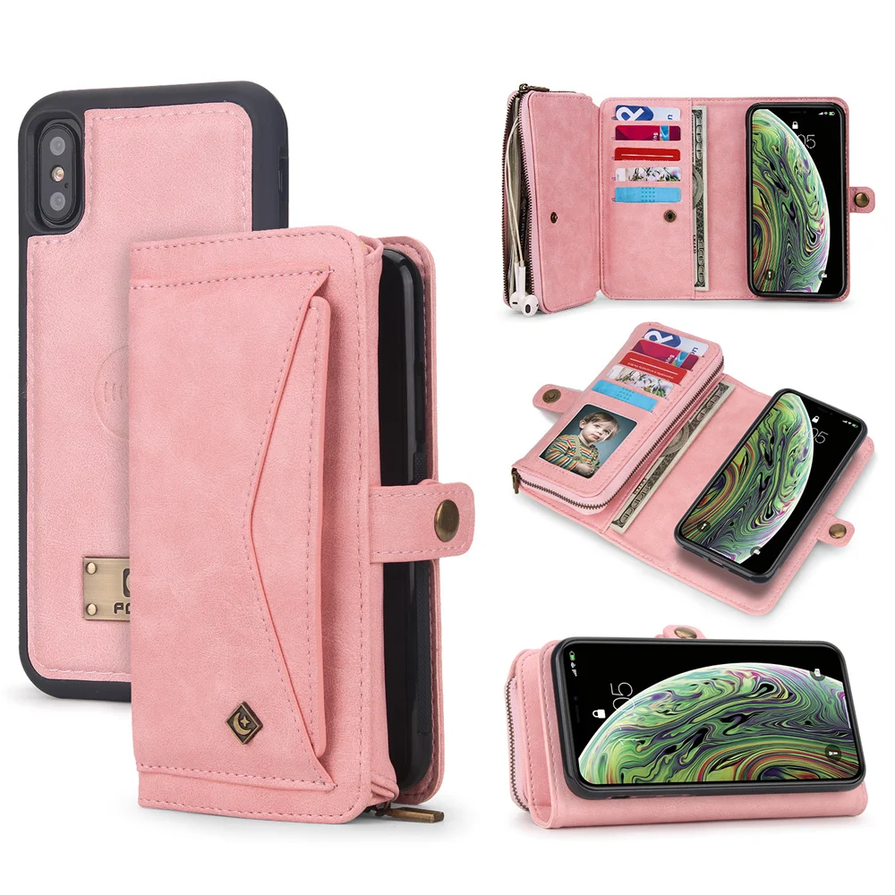 

Luxury Multi Function Detachable Trifold Wallet Case for iPhone XS Max XR XS i6 i7 i8 Plus Hand Strap Zipper Purse Fashion Case