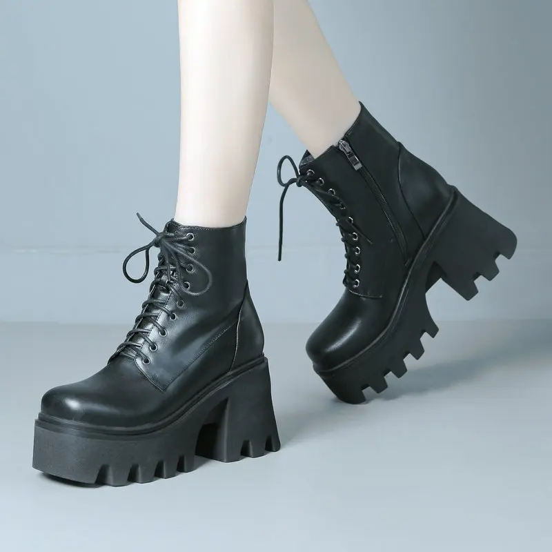 

Женские массивные ботинки из искусственной кожи, черные или бежевые ботильоны на платформе, на толстом высоком каблуке, со шнуровкой, на молнии, сезон осень-зима 2023