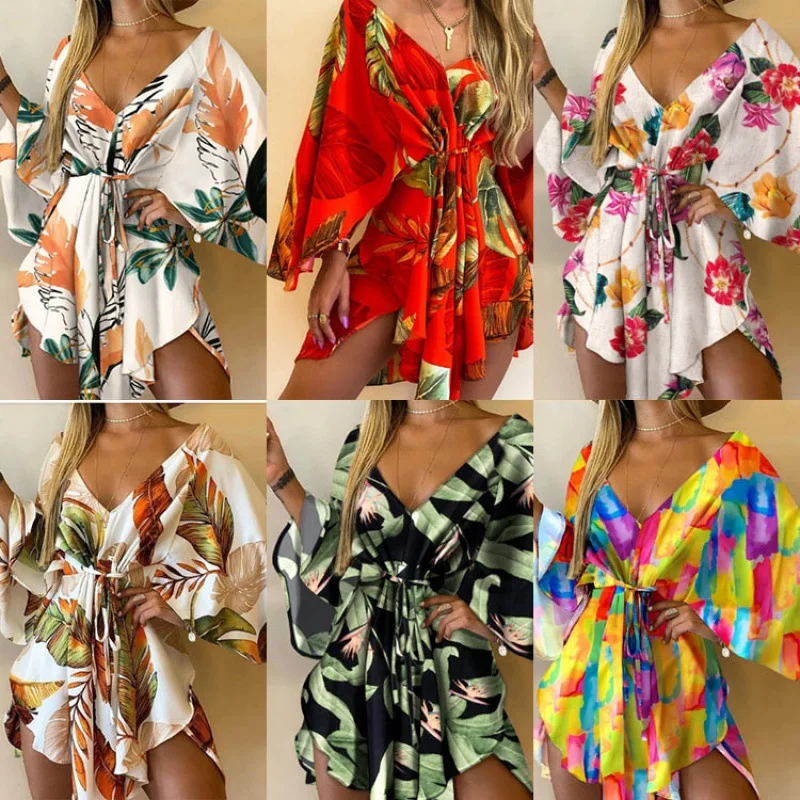 2023 New Summer Beach Elegant Women Dresses Sexy V Neck Lace-up Floral Print Mini Dress Casual Flared Sleeves Ladies Party Dress
2023 New Summer Beach Elegant Women Dresses Sexy V Neck Lace-up Floral Print Mini Dress Casual Flared Sleeves Ladies Party Dress